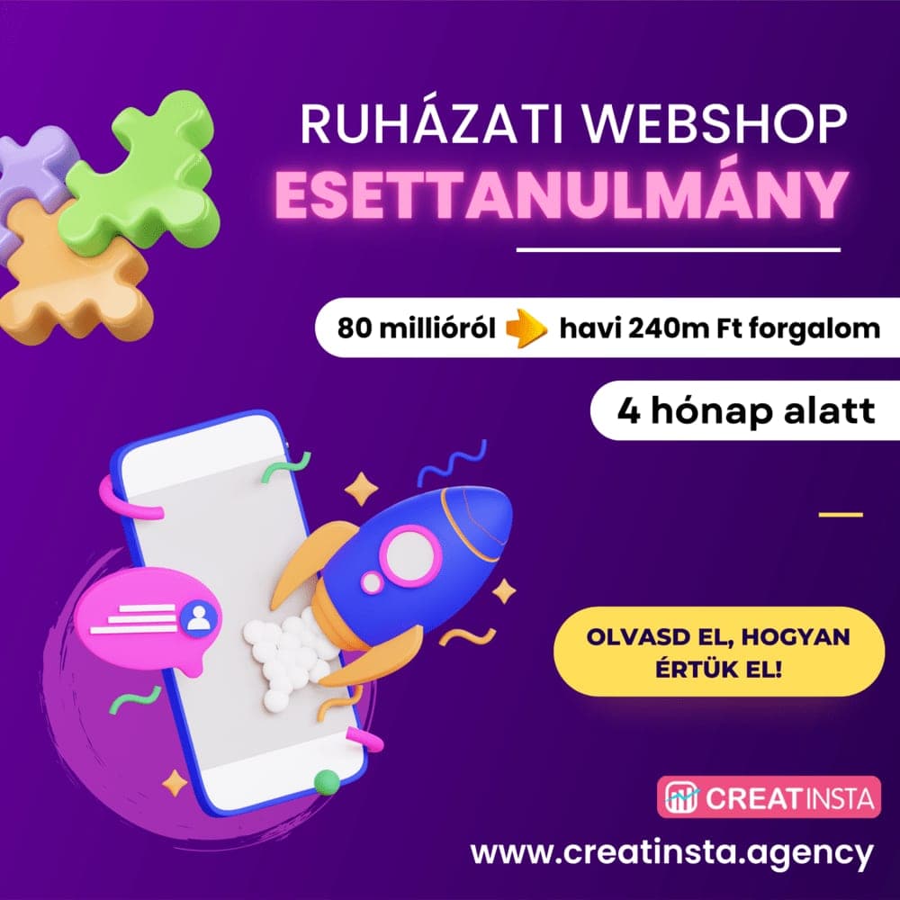 Esettanulmány borítókép: „Ruházati webshop esettanulmány” grafika telefonnal és rakétával.