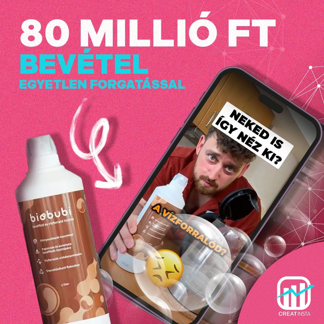 Esettanulmány borítókép: a BioBubi kávéfőző- és vízforralótisztító flakonja, mellette telefonon futó hirdetésvideó.
