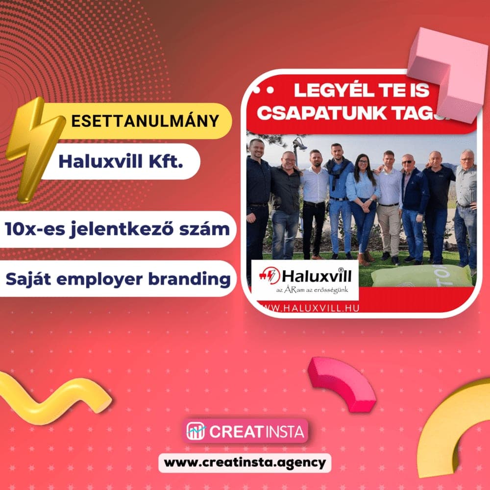 Esettanulmány borítókép: a Haluxvill Kft. „Legyél te is csapatunk tagja!” toborzó kreatívja a cég csapatával.